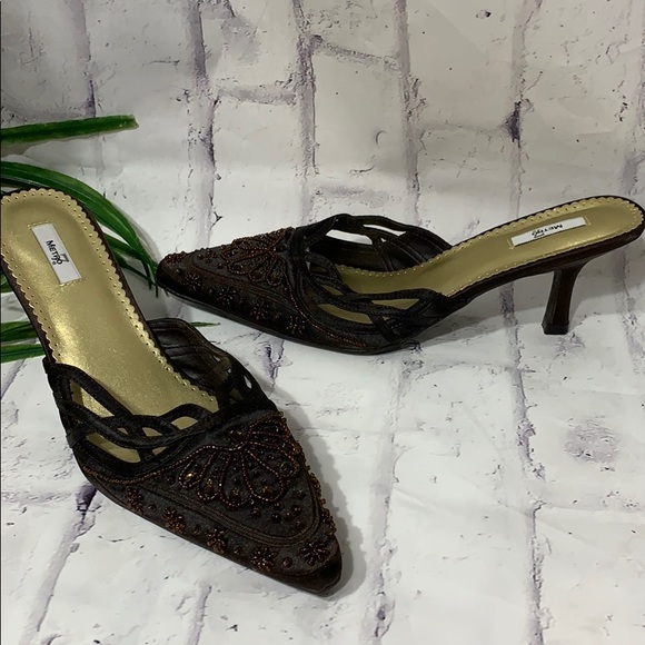 Metro 7 Shoes - Metro 7 Beaded Cut Out Slip-On Brown Kitten Heels